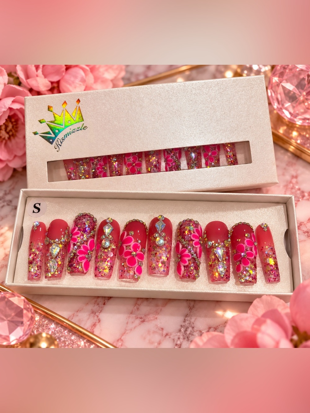 ✨ NWT Fishnizzle Press-On Nails – Pink Floral Rhinestone Glitter – Size S ✨